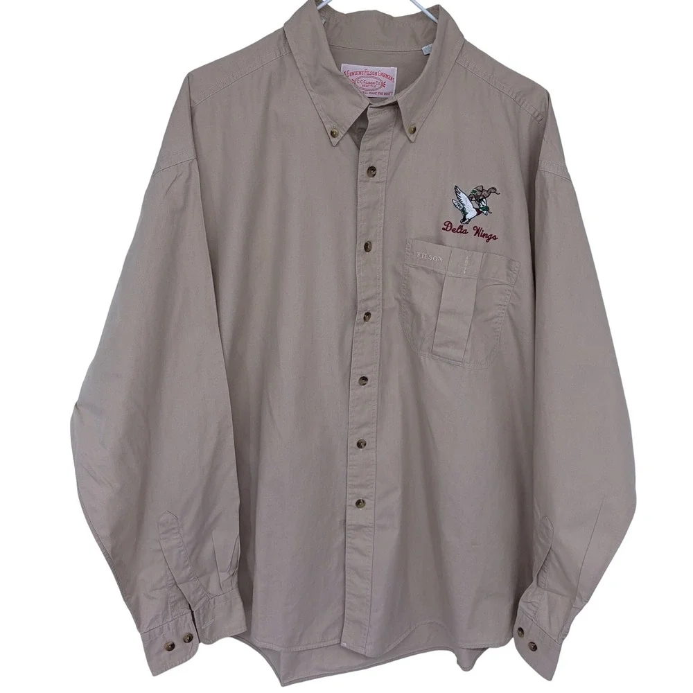 Vintage 2004 CC Filson Button Up Shirt XL Khaki Beige Delta Wings USA Made 652BD - Picture 1 of 8